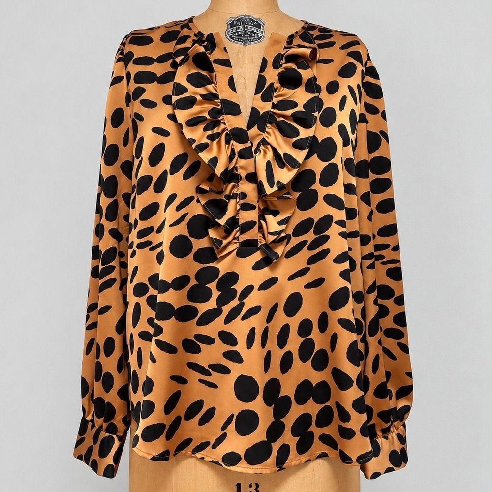 J.Crew Wavy Dots Ruffle Front Blouse XL Animal Print Long Sleeve AG577